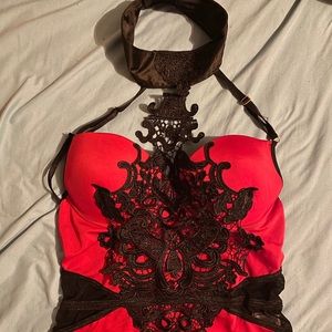 Lace Sheer Mesh Bodysuit Bustier Corset red black